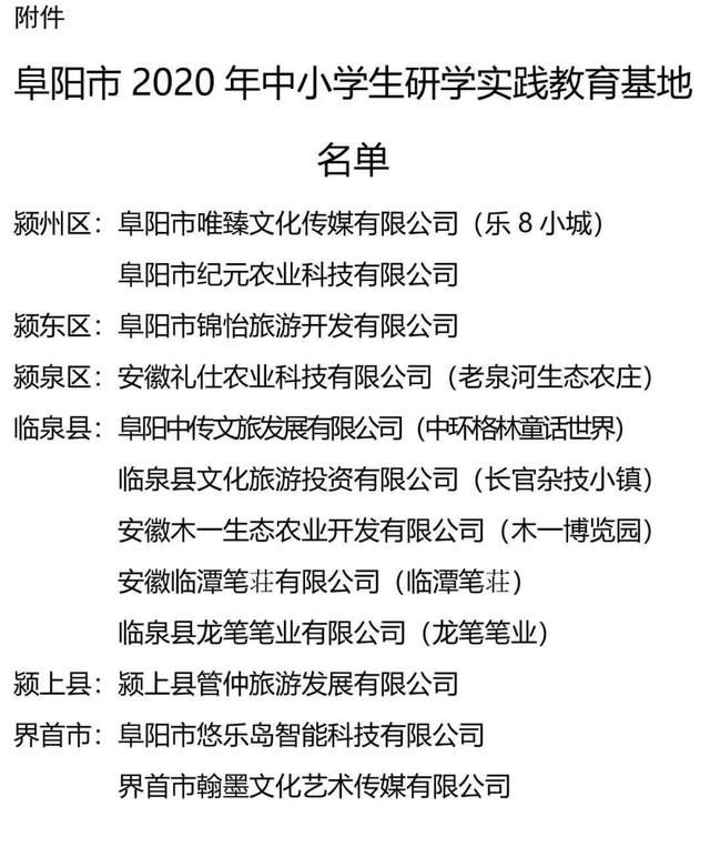 安徽阜阳公布2020年中小学生研学实践教育基地